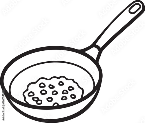 frying pan with scrambled egg line art, black outline, vector and illustration, coloring book page line art drawing