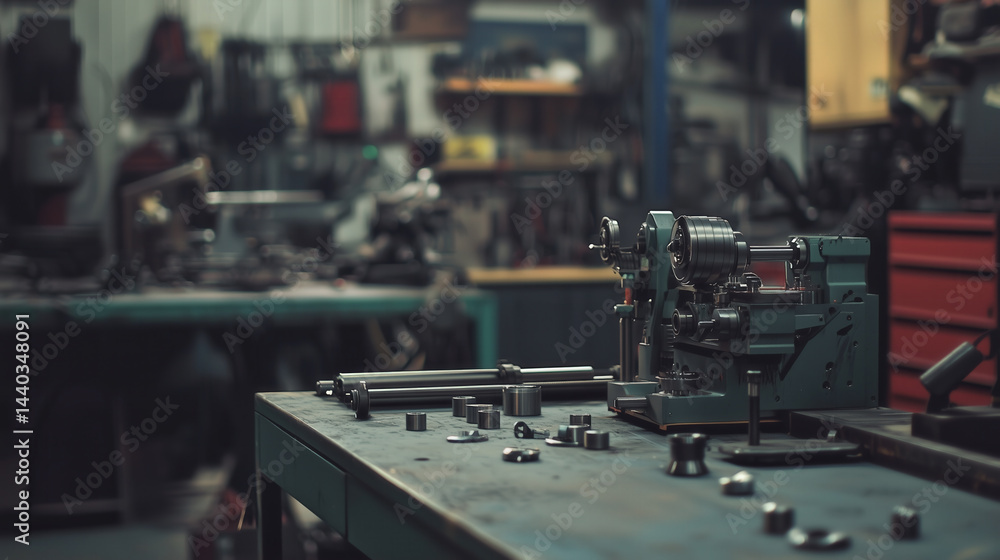 Metal workshop with heavy duty lathe machine and metal parts on workbench, creating industrial and focused atmosphere for precise fabrication and machining tasks Metal workshop with heavy duty lathe machine and metal parts on workbench, creating industrial and focused atmosphere for precise fabrication and machining tasks