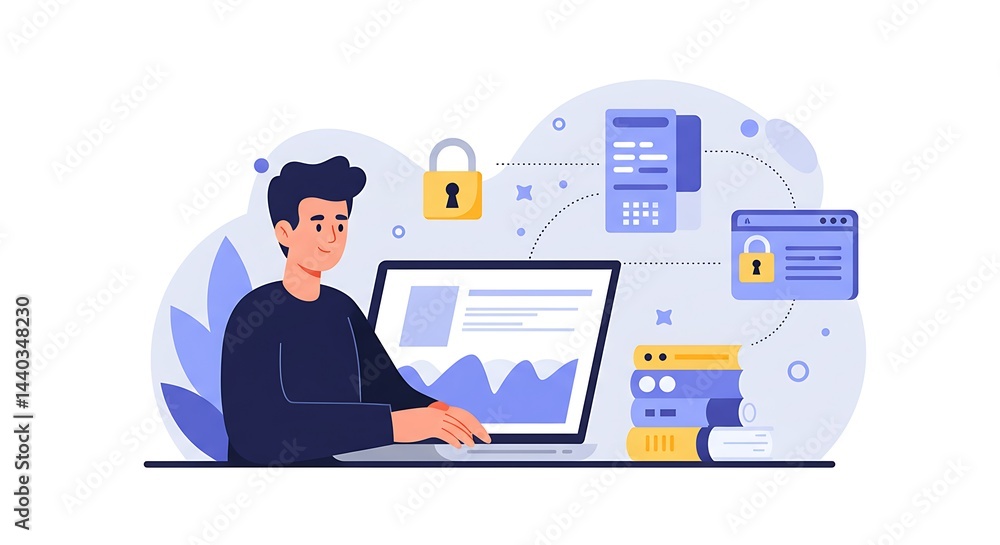Naklejka premium Man Working on Laptop with Data Security Visualization