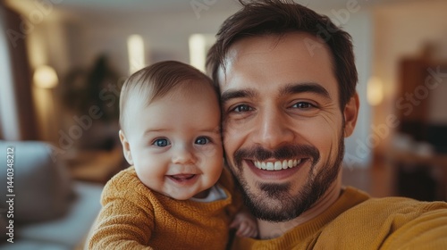 Smiling caucasian father with baby in cozy living room environment.