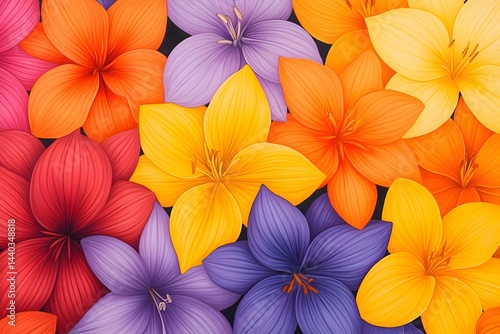 Wallpaper Mural Vibrant, multicolored lily-like flowers densely arranged, creating a colorful floral pattern Torontodigital.ca