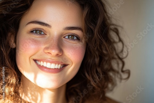 Smiling young caucasian female with curly hair in natural light.