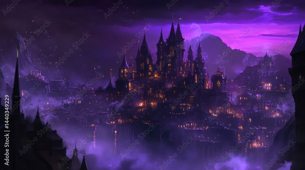 Fototapeta premium A fantasy city with a large castle and moody purple sky.