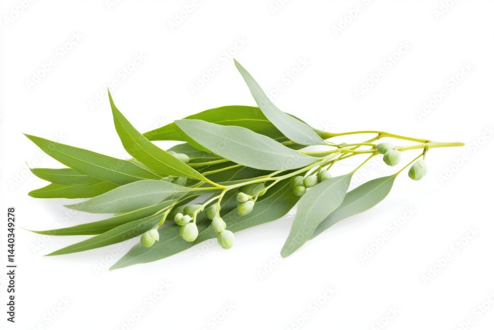 Close up of eucalyptus branch with leaves and seed pods isolated on a white background Close up of eucalyptus branch with leaves and seed pods isolated on a white background