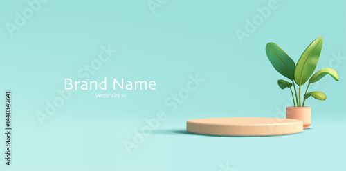 3D empty podium and green plant in pot on blue background. Mockup for advertising concepts of new product, merchandise. Body care, new brand, special discounts. Vector illustration.