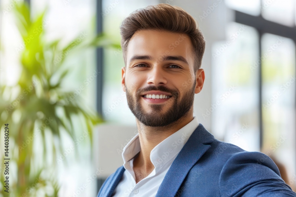 Smiling young caucasian male in blue suit with beard and indoor plant background.