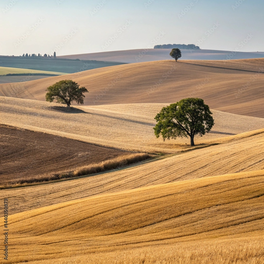 Obraz premium Sweeping view of post-harvest wheat fields across undulating hills, minimalistic rural scene with a pair of distant trees, rich earthy browns and golds, crystal clear summer sky, faint tree line in th