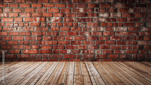 Empty room with red brick wall and wooden floor displaying products