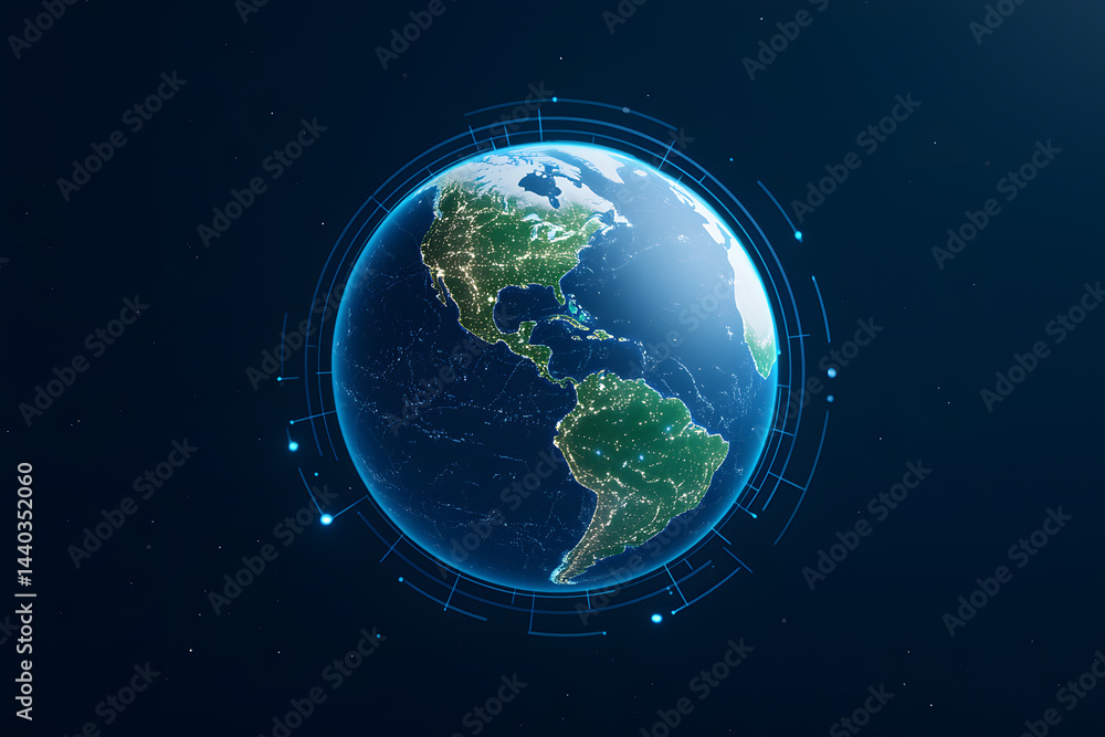 Fototapeta premium Globe, surrounded by blue concentric circles on dark background