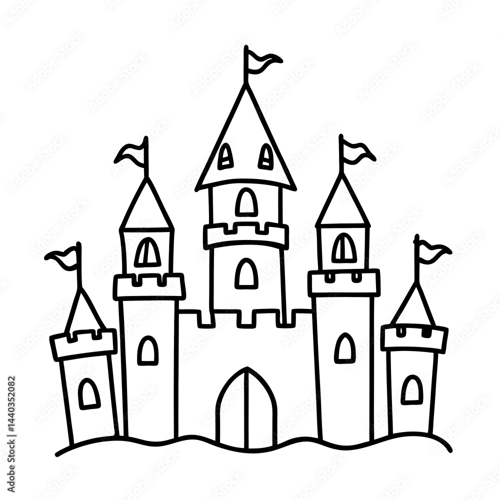 Simple castle with flags drawing in vector line art style Simple castle with flags drawing in vector line art style