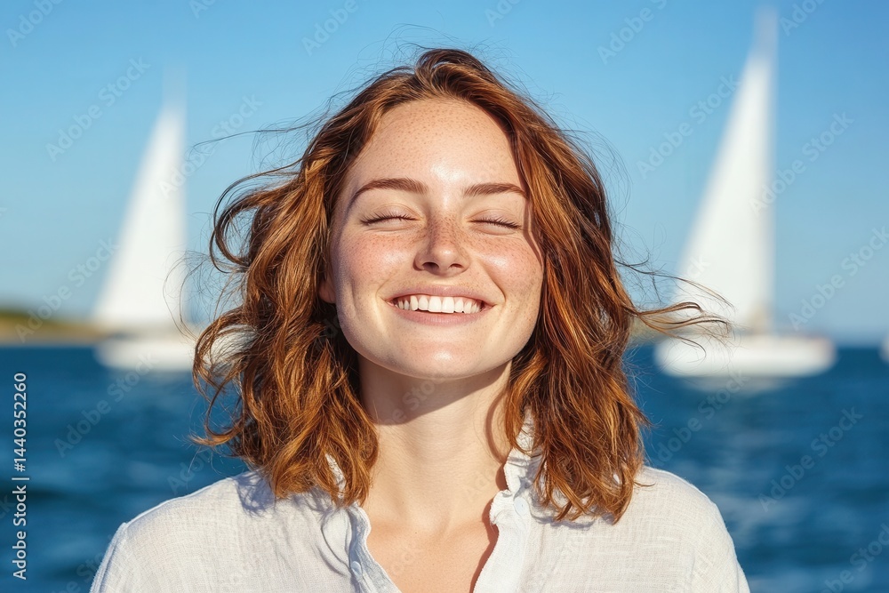 Joyful young caucasian female enjoying sunny day on sailboat adventure.