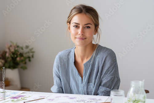 Obraz na płótnie Young caucasian female creating botanical art at home. w salonie