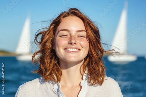 Obraz na płótnie Joyful young caucasian female enjoying sunny day on sailboat adventure. w salonie
