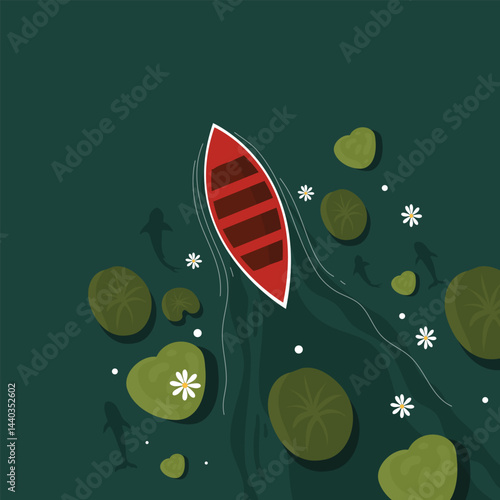 boat and human swim in lily lake illustration vector design background for natural pond lake illustration design