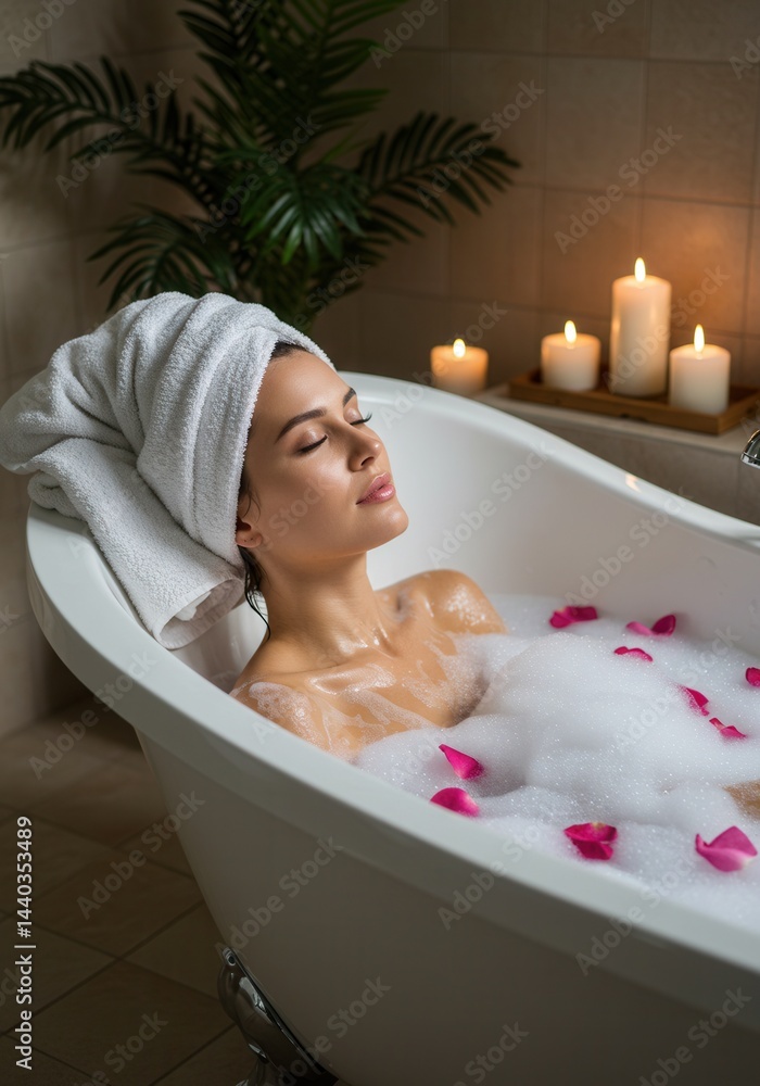 Relaxed caucasian woman enjoying bubble bath with candles and flower petals.