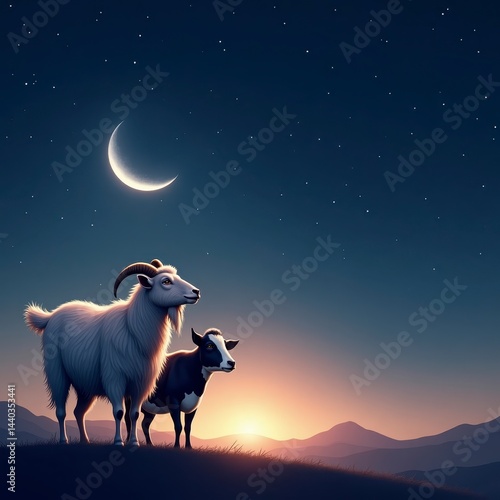 Eid al-Adha: Goat and Cow with Crescent Moon and Starry Night