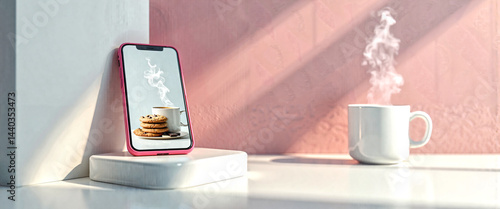 Smartphone Displaying Coffee Cookies and Steam Cozy Breakfast Scene