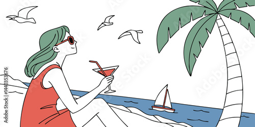 Girl lying on sunbed on sandy beach under palm. accessories of beach holidays like hat, sun glasses, slippers, spf creme are placed around. Vector illustration. View from above