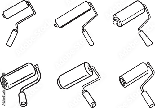 set of paint roller line art, black outline, vector and illustration, coloring book page line art drawing