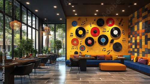 Interior design of a trendy cafe with record decorations on the wall