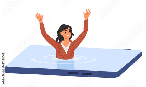 Woman drowns on cell phone screen. Human addiction smartphone. Social media user. Online technology. Addicted girl swimming in liquid display. Dependence of internet. Vector concept