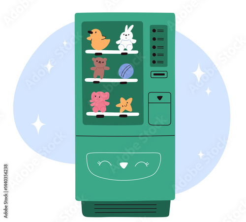 Vending machines with children toys. Electronic sale devices Kids balls and plush animals. Automatic retail equipment. Automated merchandise appliance. Vector shopping dispenser object