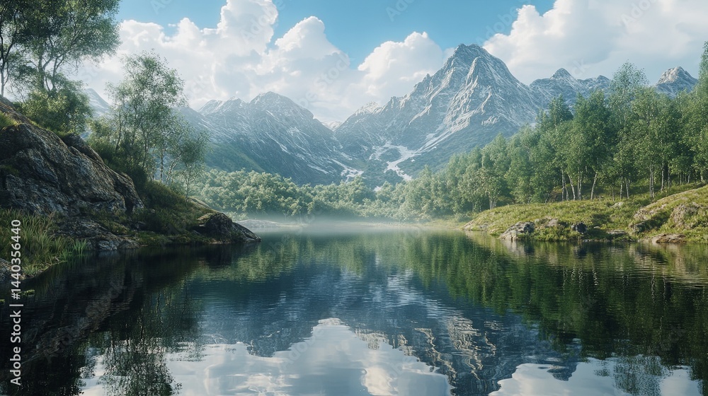 Fototapeta premium Mountain lake reflection, realistic, cinematic light, sharp focus.