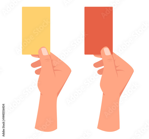 Sports referee fixes infringement rules. Hand shows yellow and red cards. Soccer punishment at competition playground. Football regulation. Game foul. Disqualification signals vector set