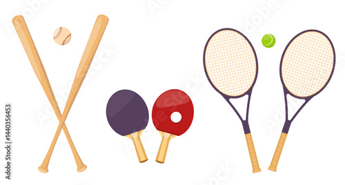 Sports equipment for game. Crossed tennis racket. Baseball bat and softball. Ping pong ball. Sportsman match. Badminton racquet. Tournament club. Vector athletic professional tools set