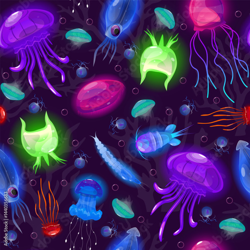 Sea jellyfish and plankton seamless pattern. Underwater animals. Luminous inhabitants of seabed. Undersea invertebrate creatures. Repeated print. Jelly marine fauna. Vector background