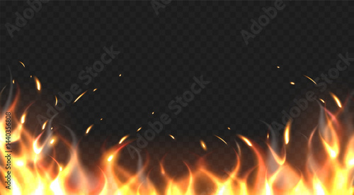 Realistic flames with sparks on dark background. Fire burn. Blazing frame. Fiery shiny border. Heat energy. Hell combustion. Magic firewall. Dangerous wildfire. Vector 3D ignition effect