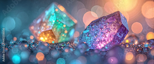 Sparkling Gemstones with Water Droplets Vibrant Colors Bokeh Background