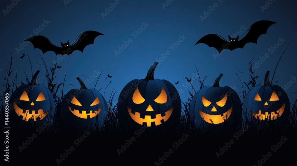 Halloween night scene with glowing jack o' lanterns and bats against a dark blue background. Spooky Halloween concept. Halloween night scene with glowing jack o' lanterns and bats against a dark blue background. Spooky Halloween concept.