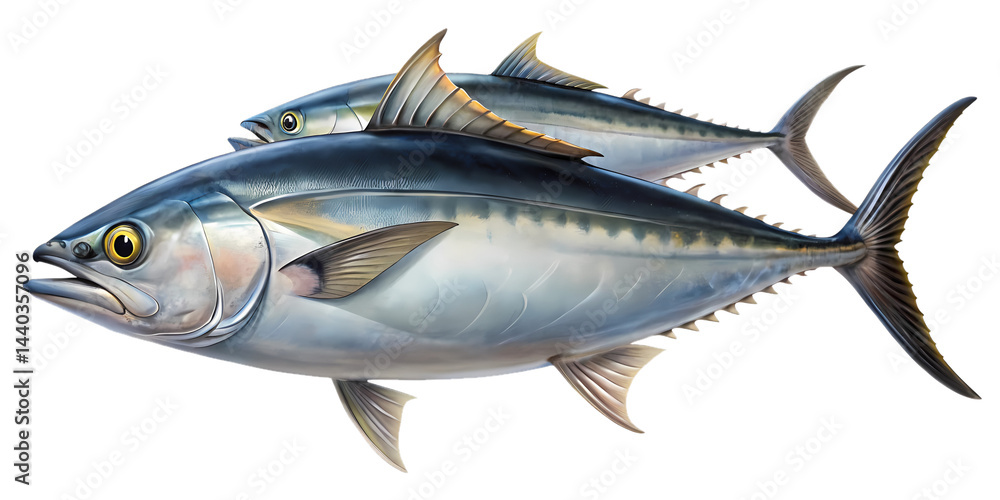 Fototapeta premium Illustration of Two Magnificent Yellowfin Tuna Fish Swimming Together in the Ocean