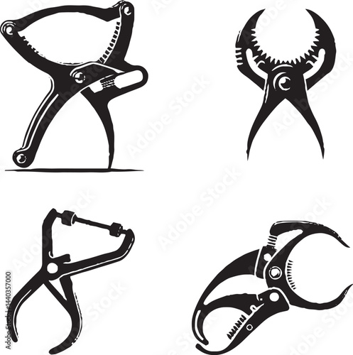 "Vector Illustration of Pliers and Clamping Tools - Black and White Silhouette Clipart"
