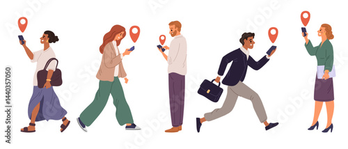 People use mobile navigators to find where they want. Walking man and woman. Traffic pin. GPS navigation. Persons with smartphone. Location icon. Search path. Vector pedestrians set