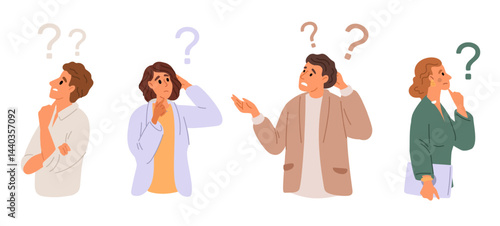 Pensive men and women. Confused people with question mark. Thoughtful characters expression. Girl thinking. Guy doubts. Interrogation icon. Searching decision. Vector curious persons set
