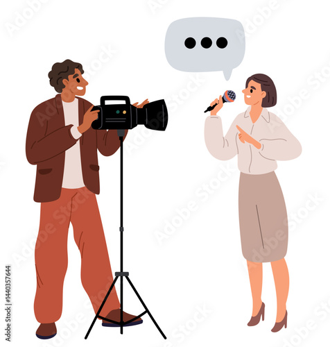 Male cameraman with camera captures female news reporter with microphone in hand. Newscaster record TV podcast. Live streaming. Operators video camera. Television broadcast. Vector concept