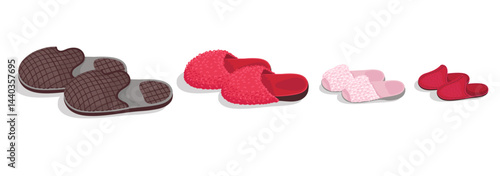Homemade slippers of family. Dad and mom domestic footwear. Daughter and son flip flops. Fluffy material shoes. Fur or felt boots. Handicraft hobby. Clothes sewing. Vector cozy footgear set