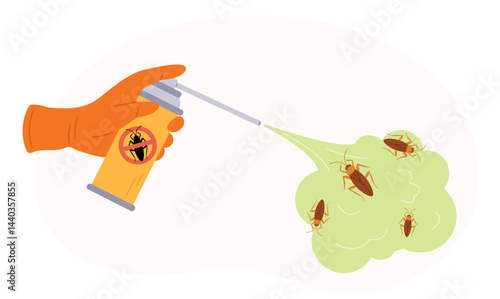 Hand wearing protective glove sprays can of poisonous insecticide on colony cockroaches. Pests extermination. Chemical pesticide cloud sting. Arm holding aerosol bottle. Vector concept
