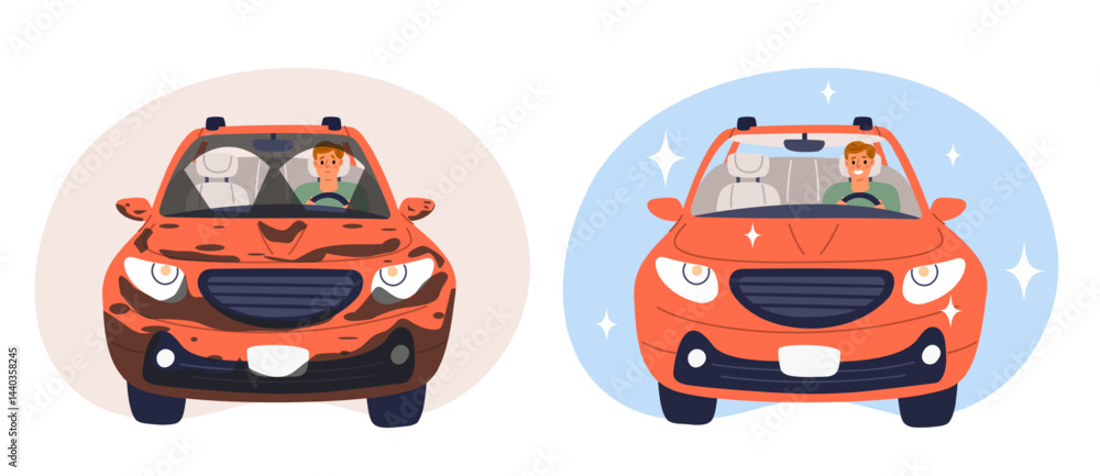 Naklejka premium Dirty passenger car and clean washed sparkling car. Shiny vehicle. Unclean dusty transport with dirt splatters. Automotive cleaner station. Happy and sad auto driver. Vector concept
