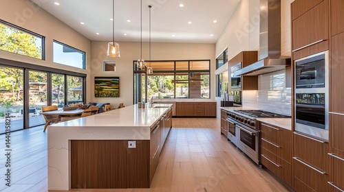 Designer kitchen with a minimalist aesthetic and clean lines..