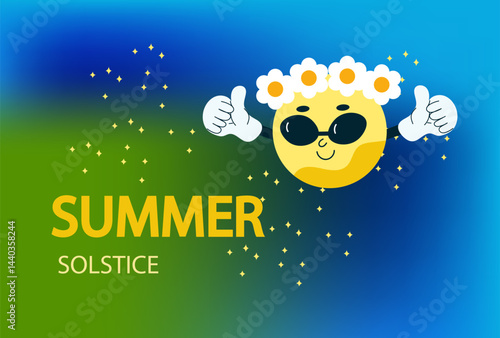 summer solstice poster. Bright sun equinox. Cartoon Flat hand drawn vector illustration.