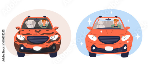 Dirty passenger car and clean washed sparkling car. Shiny vehicle. Unclean dusty transport with dirt splatters. Automotive cleaner station. Happy and sad auto driver. Vector concept
