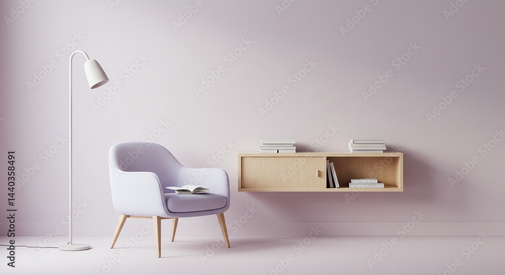 Fototapeta premium Minimalist Home Decor with Purple Chair and Bookshelf