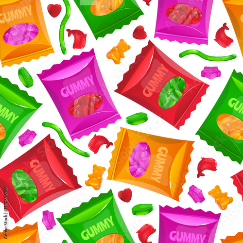 Chewy marmalade colored packs seamless pattern. Delicious gelatin dessert. Food package. Jelly candies. Repeated print. Sweets wrappers. Yummy confectionery. Sugar snack. Vector background