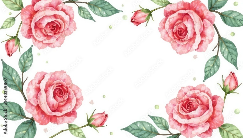 Fototapeta premium Delicate watercolor roses & leaves, repeating floral design, summer, wallpaper, invitation