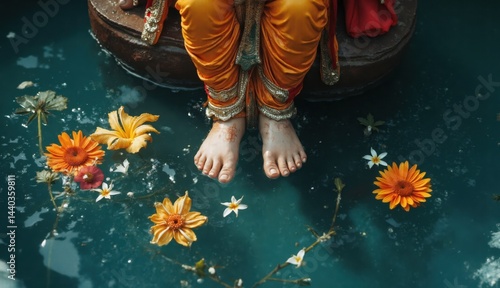 Close-up of Ganesh idol's feet submerged in water adorned with vibrant orange, yellow and white flowers during Ganesh Chaturthi celebration
