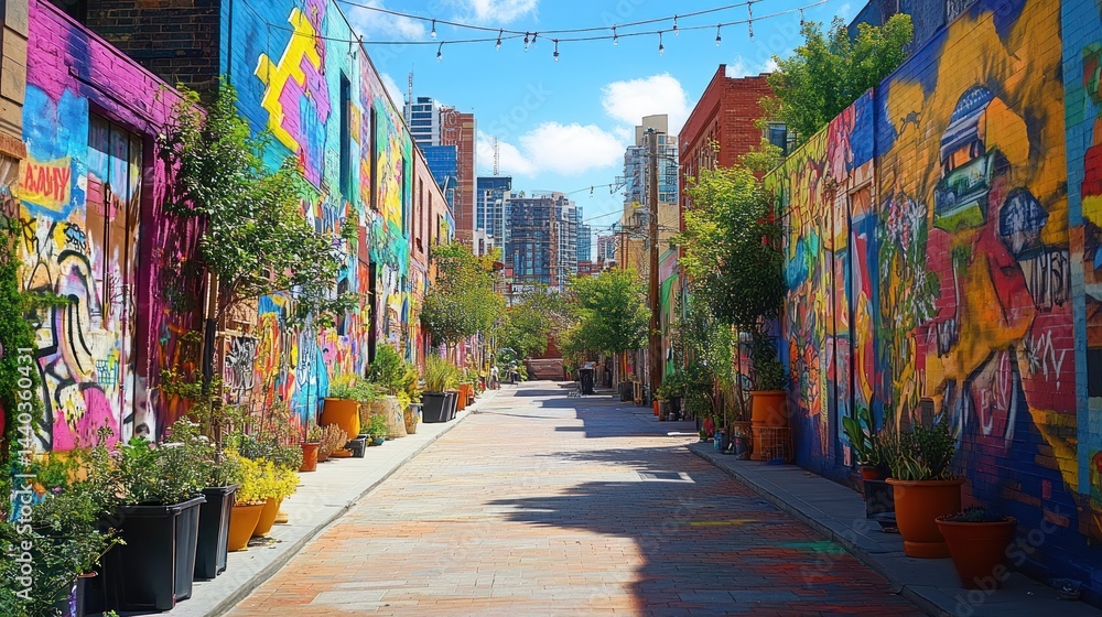Fototapeta premium Vibrant Graffiti Alley: Urban Art and Greenery Harmony