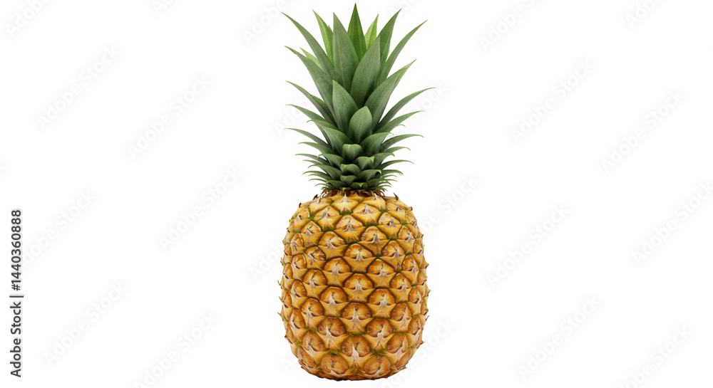 Fototapeta premium Standing pineapple with lush green crown and vibrant yellow skin set against transparency effect